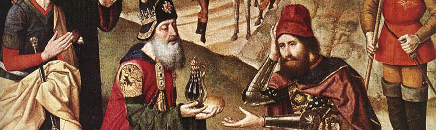 “Abraham and Melchizedek” by Dieric Bouts. (Public Domain)