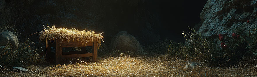 The star of Bethlehem is behind the empty wooden manger in a cav